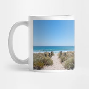 Bollards and ropes line sand track through dunes to Main Beach Mount Maunganui Mug